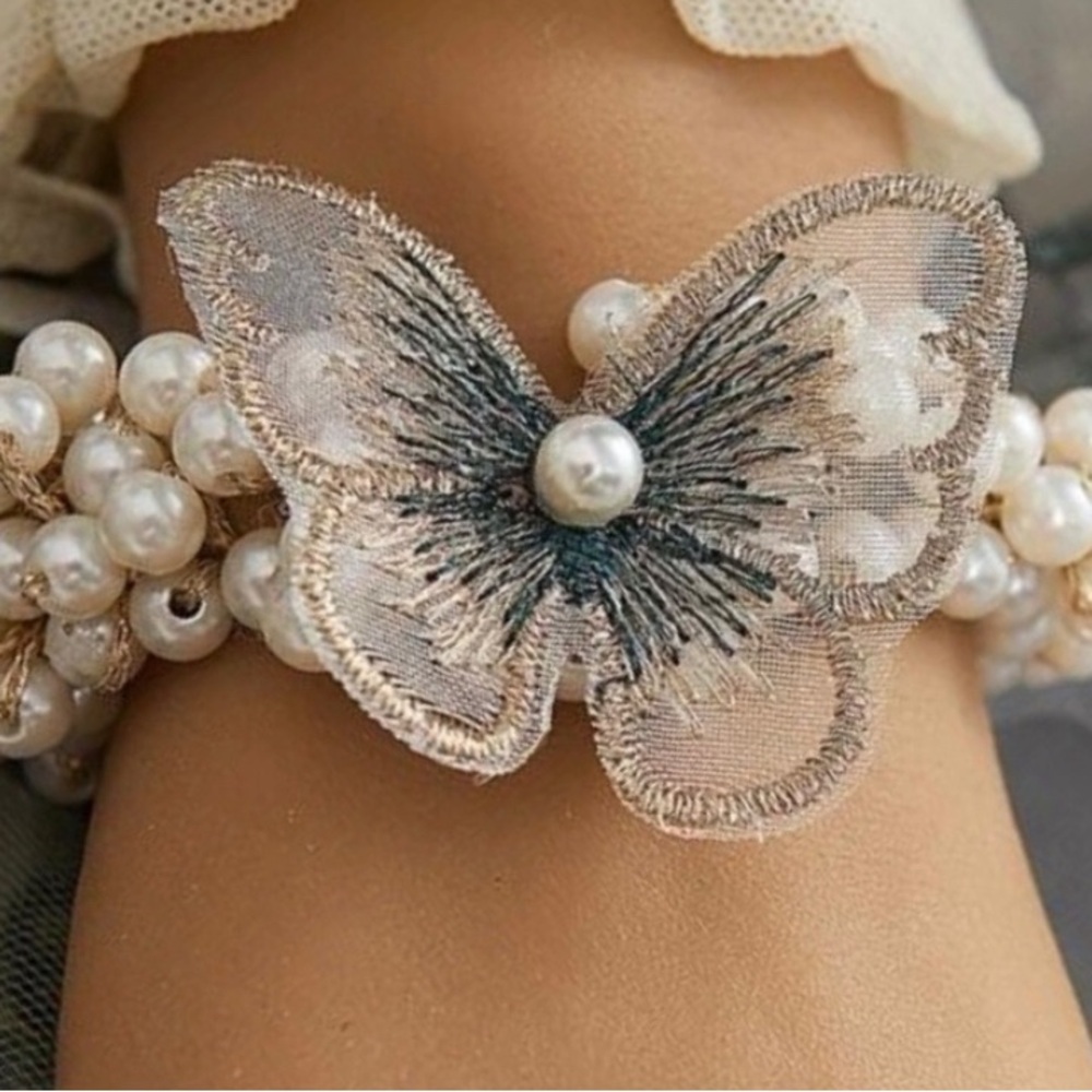 “Lace Butterfly” Sheer Embroidered Perched Twisted Cluster Pearl Insect Bracelet